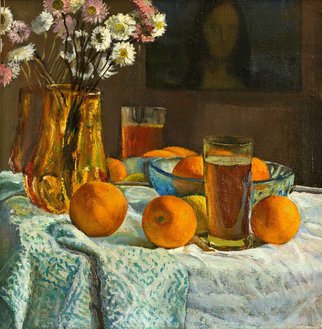 Moesey Li: 'Oranges and flowers ', 1971 Oil Painting, Floral. realism, still life, oranges, flowers, tea, tablecloth, painting...